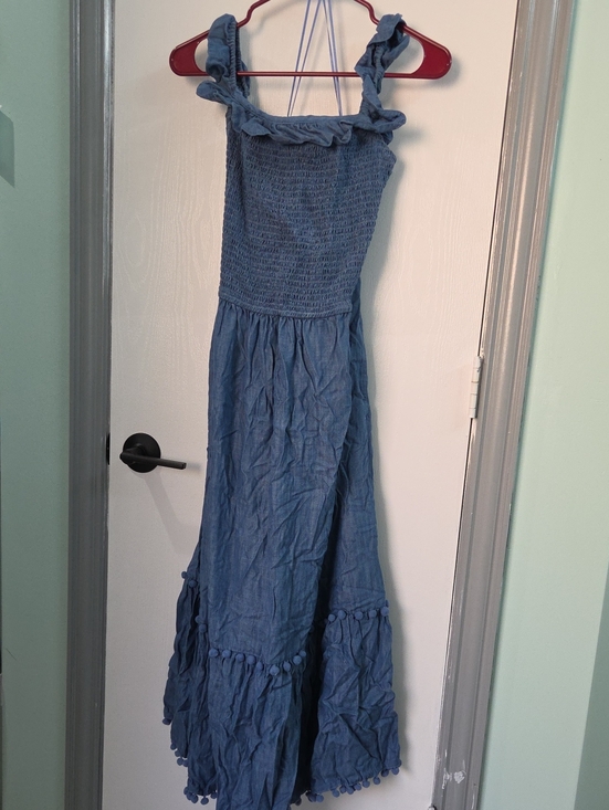 crown & ivy Dresses & Skirts - XXL crown & ivy Blue Smocked Maxi with Pom-Pom Hem